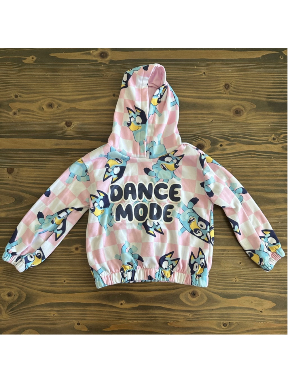 Bluey Dance Mode Hoodie Girls 5T Pink Blue Soft Brushed Pullover Checkered